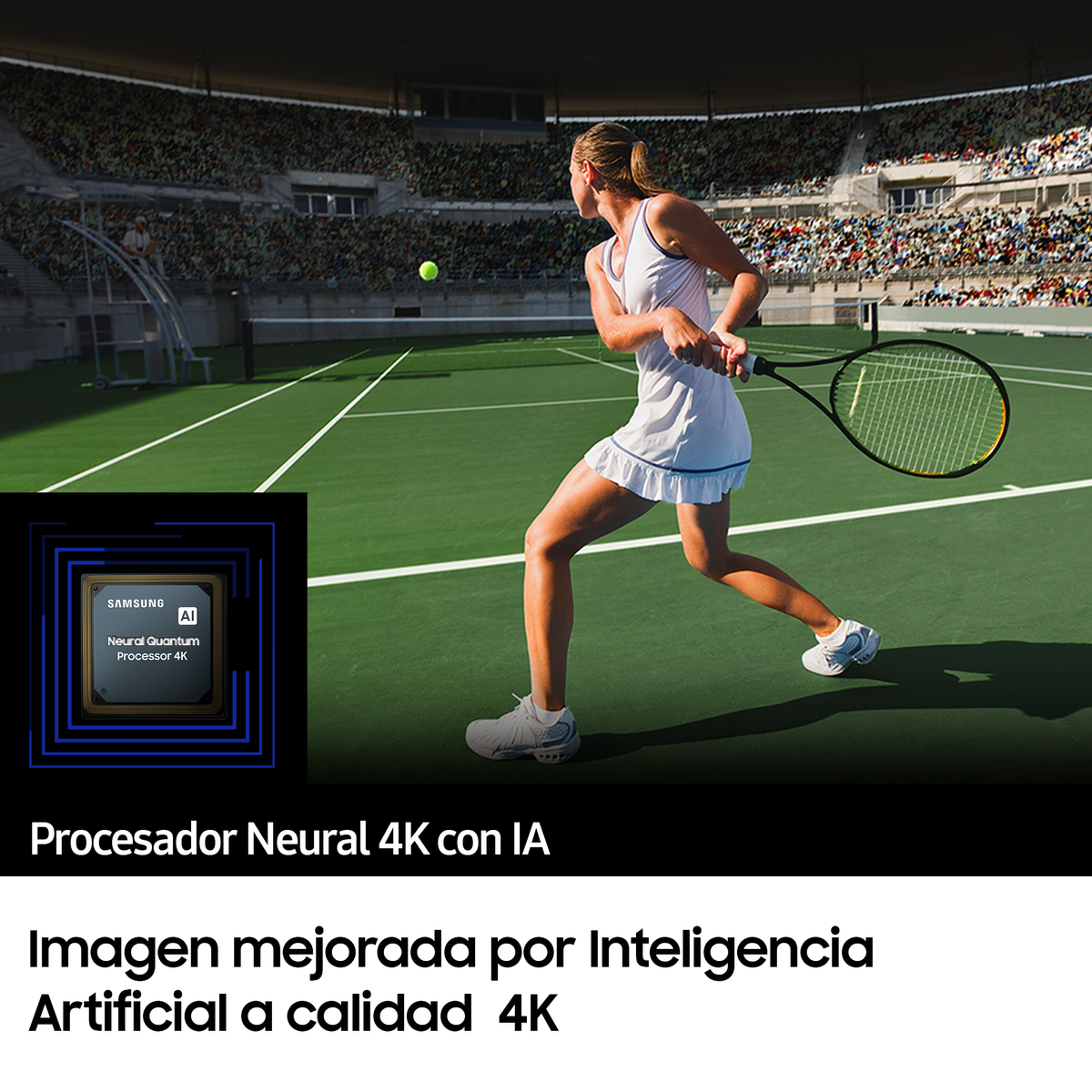 Kobieta gra w tenisa na zielonym korcie. Szczegóły procesora AI w rogu.