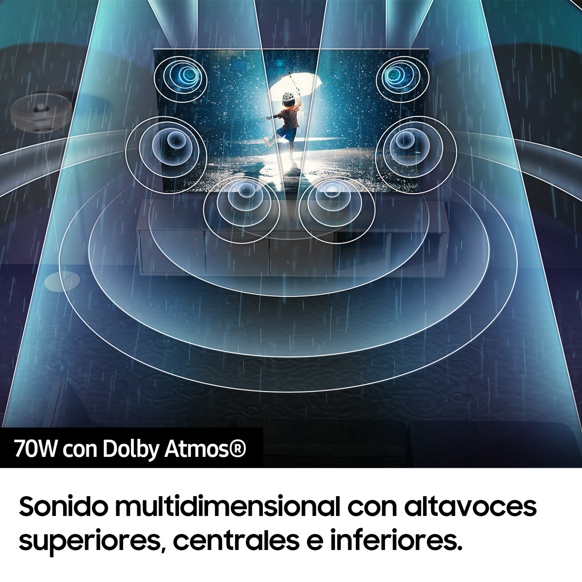 Ekran TV z obrazem, tekstem '70W con Dolby Atmos' i głośnikami wokół.