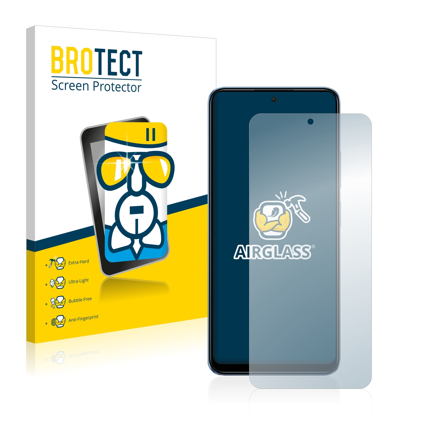 Telefon mit Displayschutzfolie und Schachtel. Die Schachtel hat eine Telefonillustration und Produktdetails.
