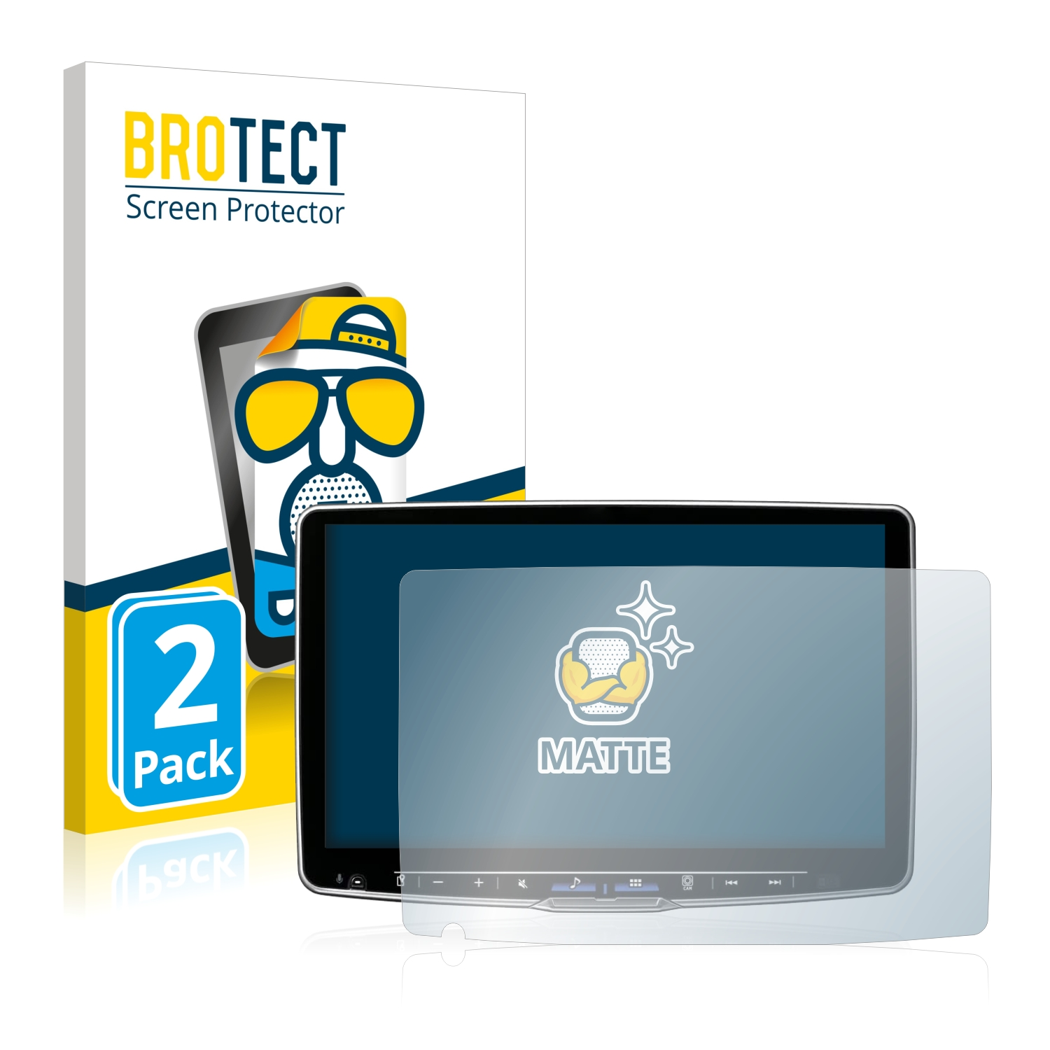 Tablet und Displayschutz mit Matte-Logo. Box sagt '2er Pack'. Box-Bild enthält Tablet.
