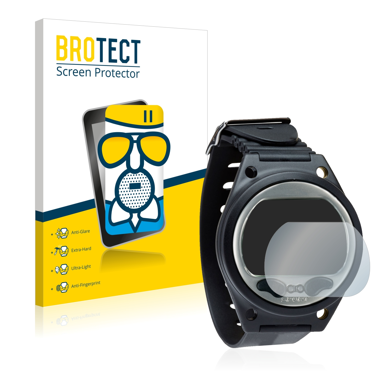 Eine schwarze Smartwatch mit Displayschutzfolie. Eine Box mit 'BROTECT Screen Protector' ist sichtbar.