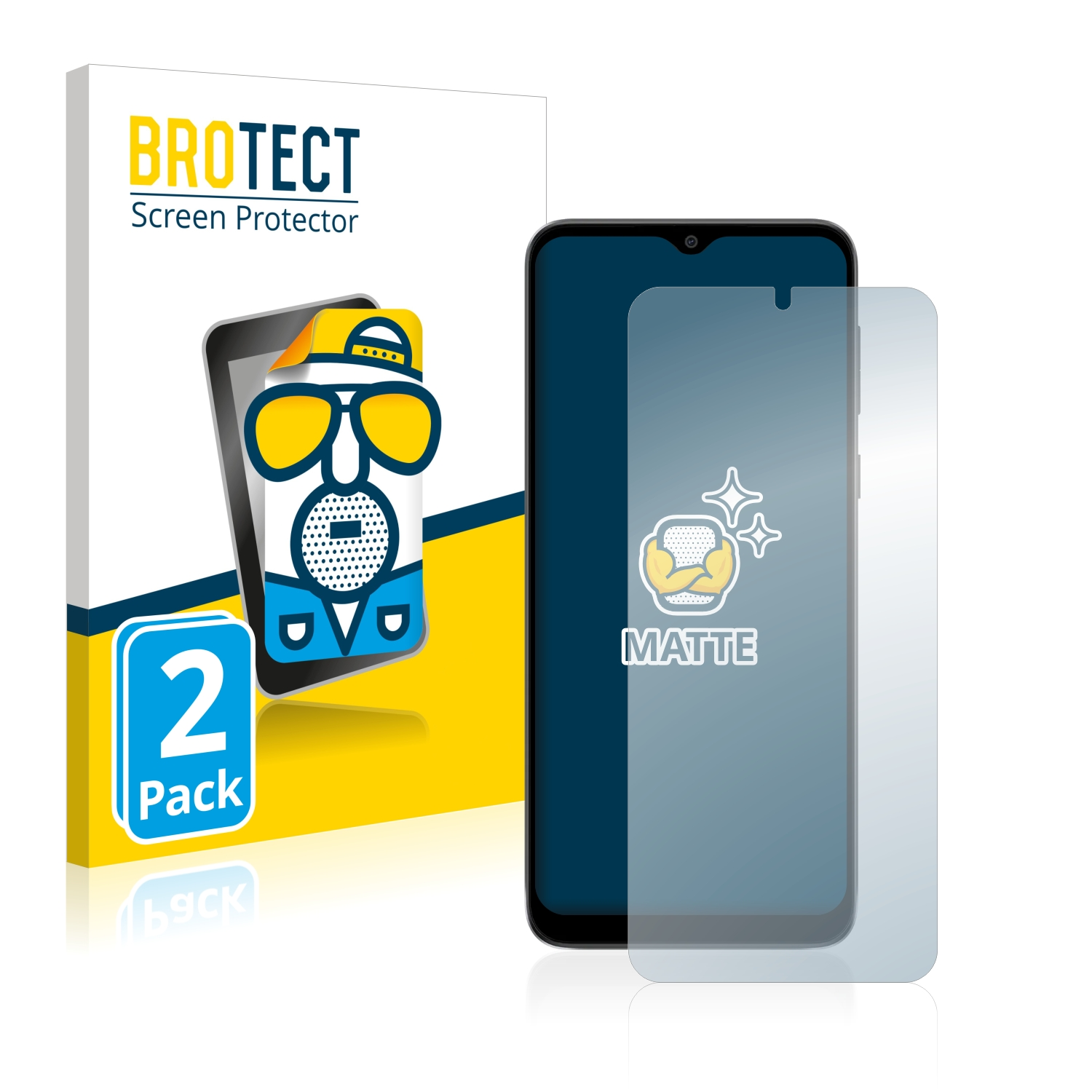 Telefon mit Displayschutz, Box mit Telefonbild, Text 'BROTECT Screen Protector'.