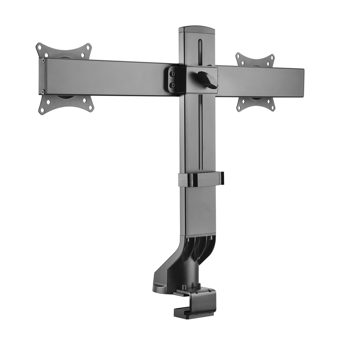 Zwarte dubbele monitorarm. Twee monitoren kunnen aan deze arm worden bevestigd.