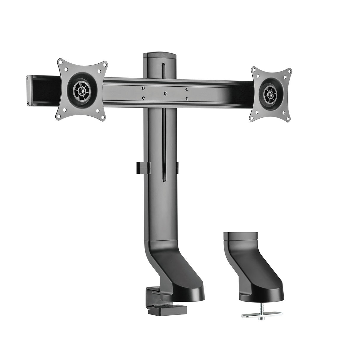 Twee monitor bureauhouder, grijs en zwart, met twee monitorhouders.