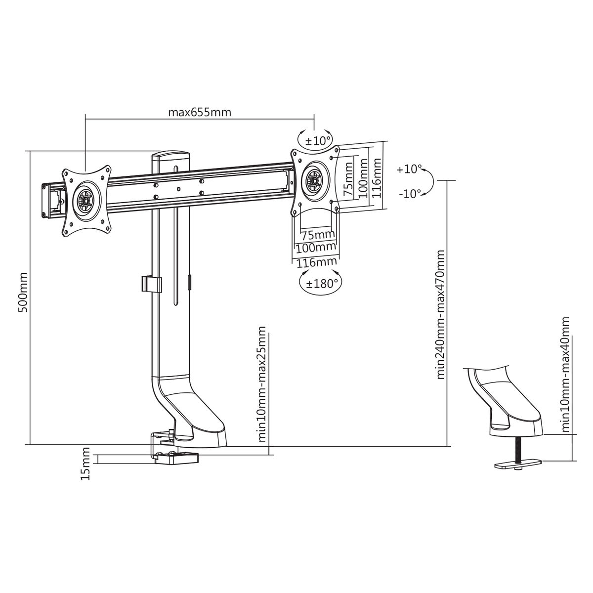 Diagram met de afmetingen van een monitorarm, inclusief hoogte- en breedtematen.