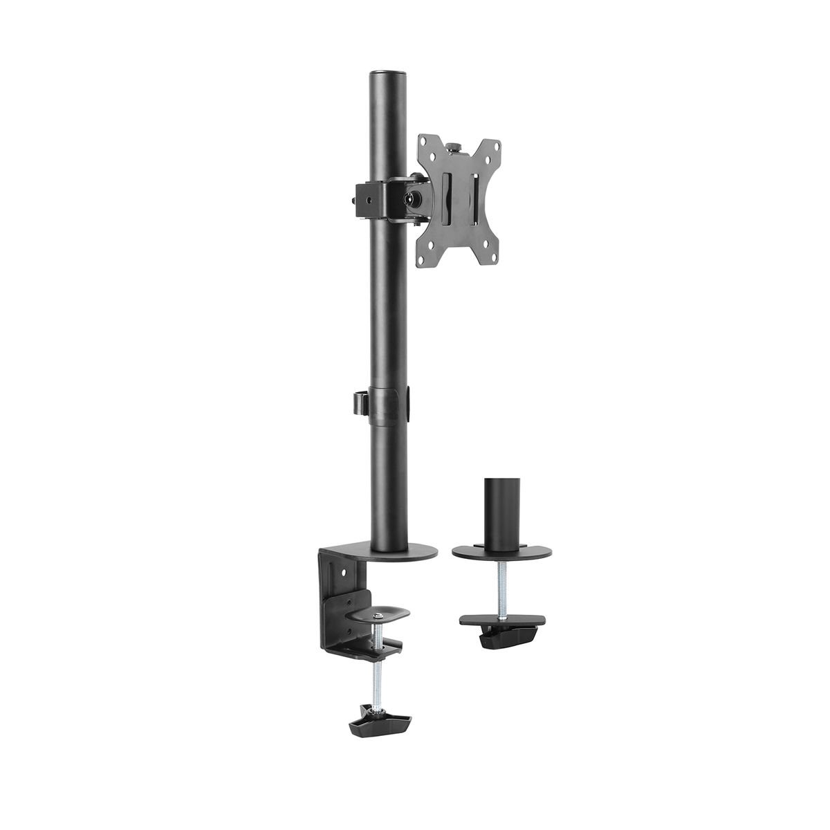 Een zwarte monitorstandaard met een verticale paal en een klem om op een bureau te bevestigen.