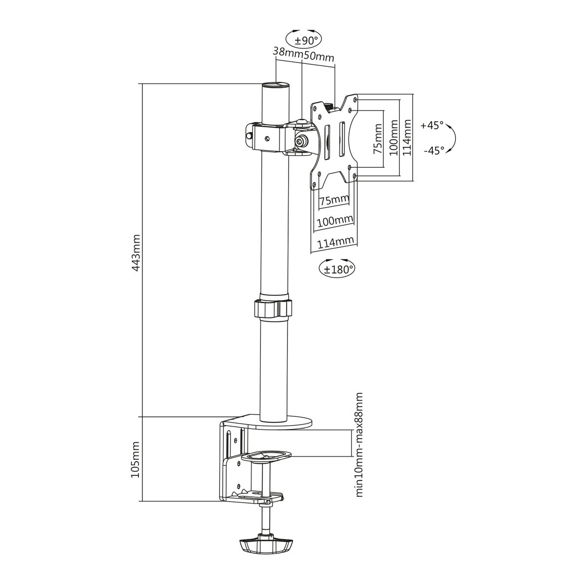 Technische tekening van een monitorarm met afmetingen en hoeken.