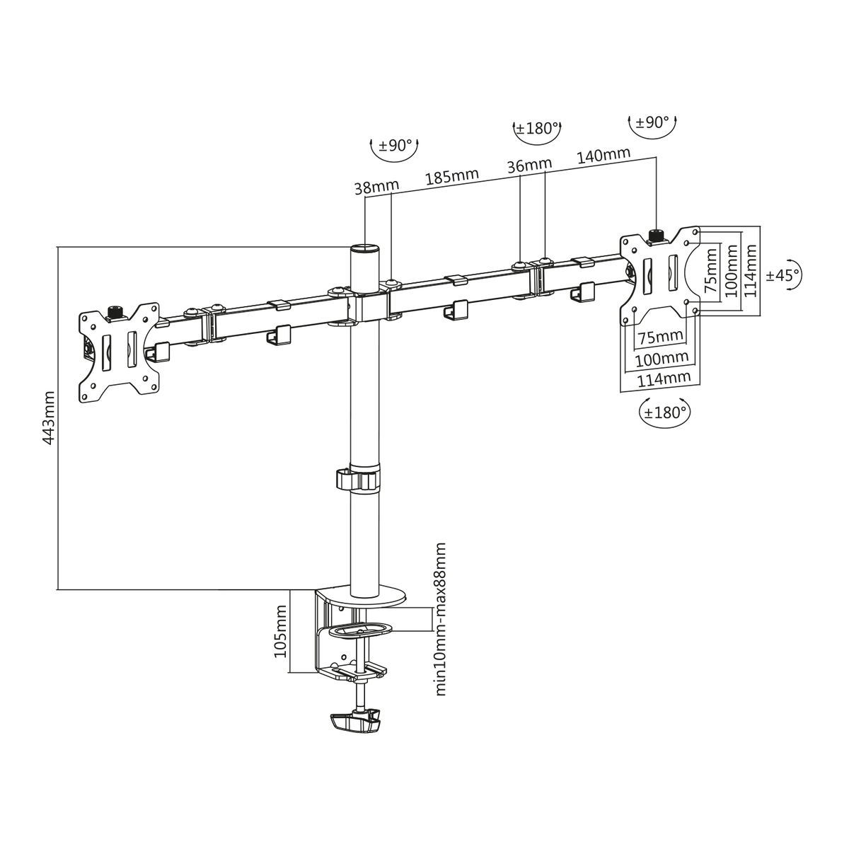 Diagram van een monitorarm met afmetingen en hoeken. Het is een zwarte, mechanische arm om een scherm vast te houden.