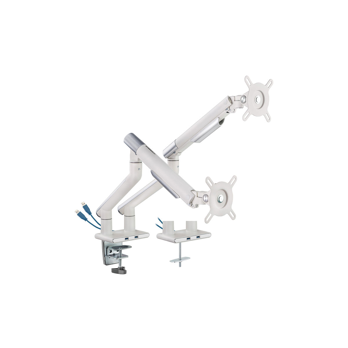 White dual monitor arm with blue cables.