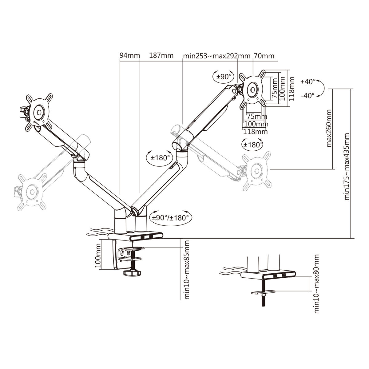 Dual monitor arm, showing dimensions and angles for adjustment and installation.