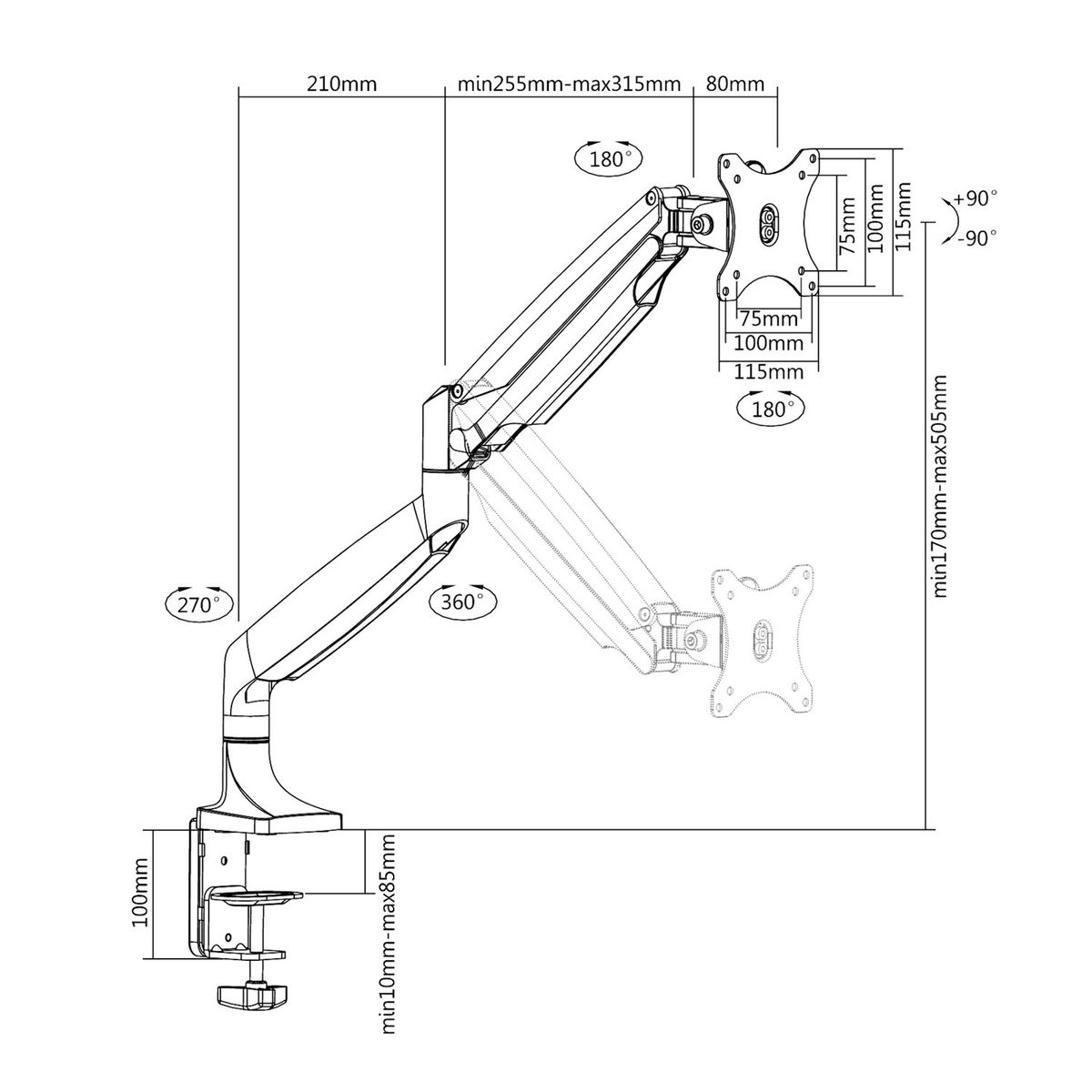 Diagram of a monitor arm, showing dimensions and angles. Black lines on white background.