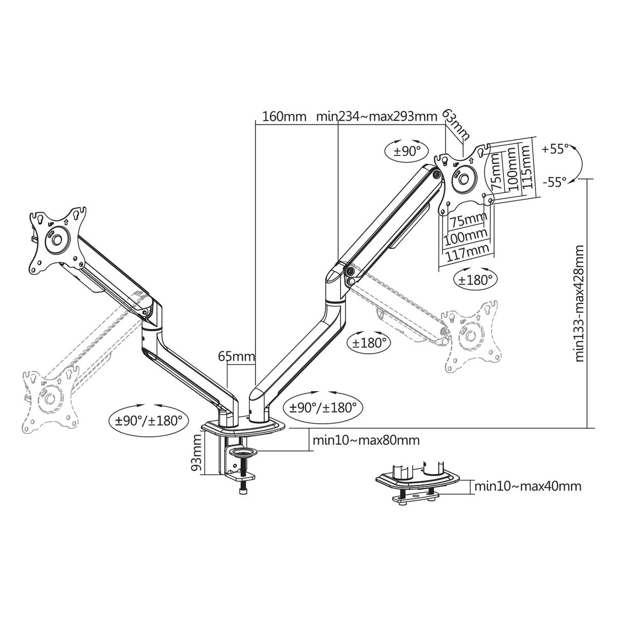 Diagram van een dubbele monitorarm met afmetingen en hoeken weergegeven, tegen een witte achtergrond.
