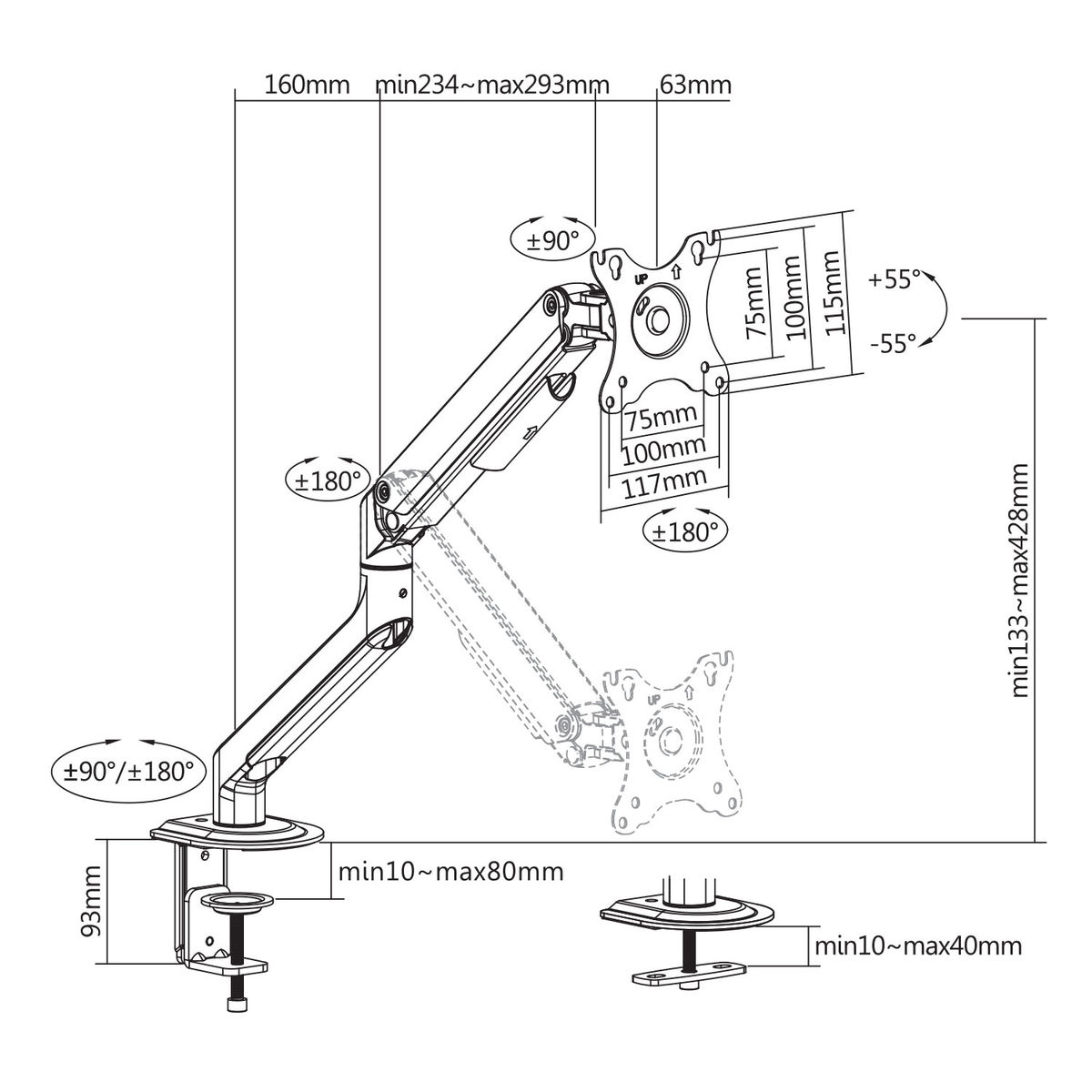 Un bras de moniteur noir et argenté avec mesures et angles, monté sur une table.