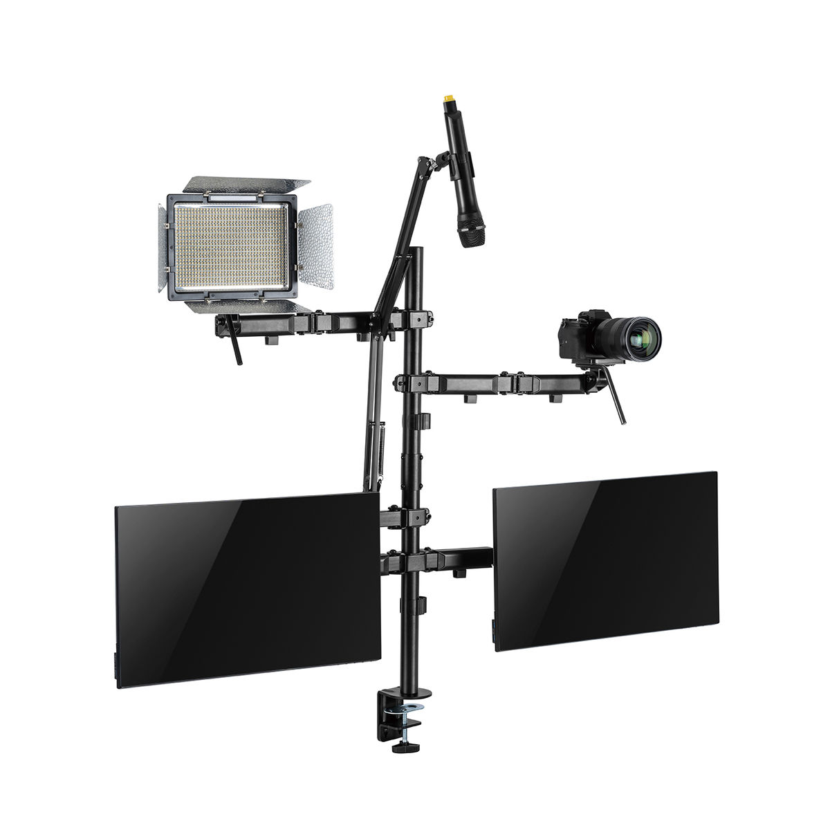 Een camera en twee monitoren zijn gemonteerd op een zwarte standaard met een lamp.