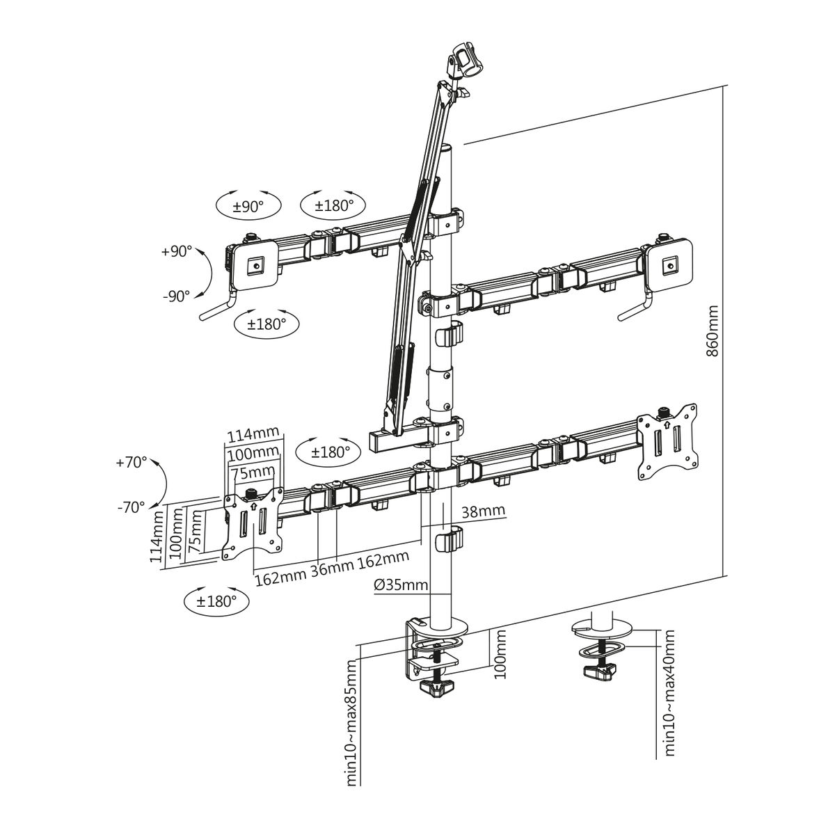 Diagram van een monitorarm met afmetingen en hoeken. De arm is aan een muur gemonteerd.