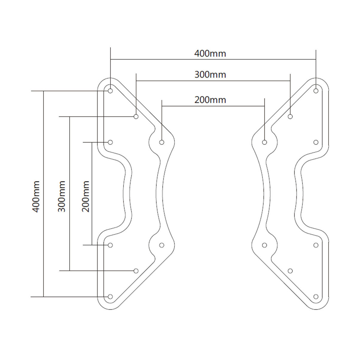 Diagramma con dimensioni etichettate. Due forme asimmetriche con fori e linee.
