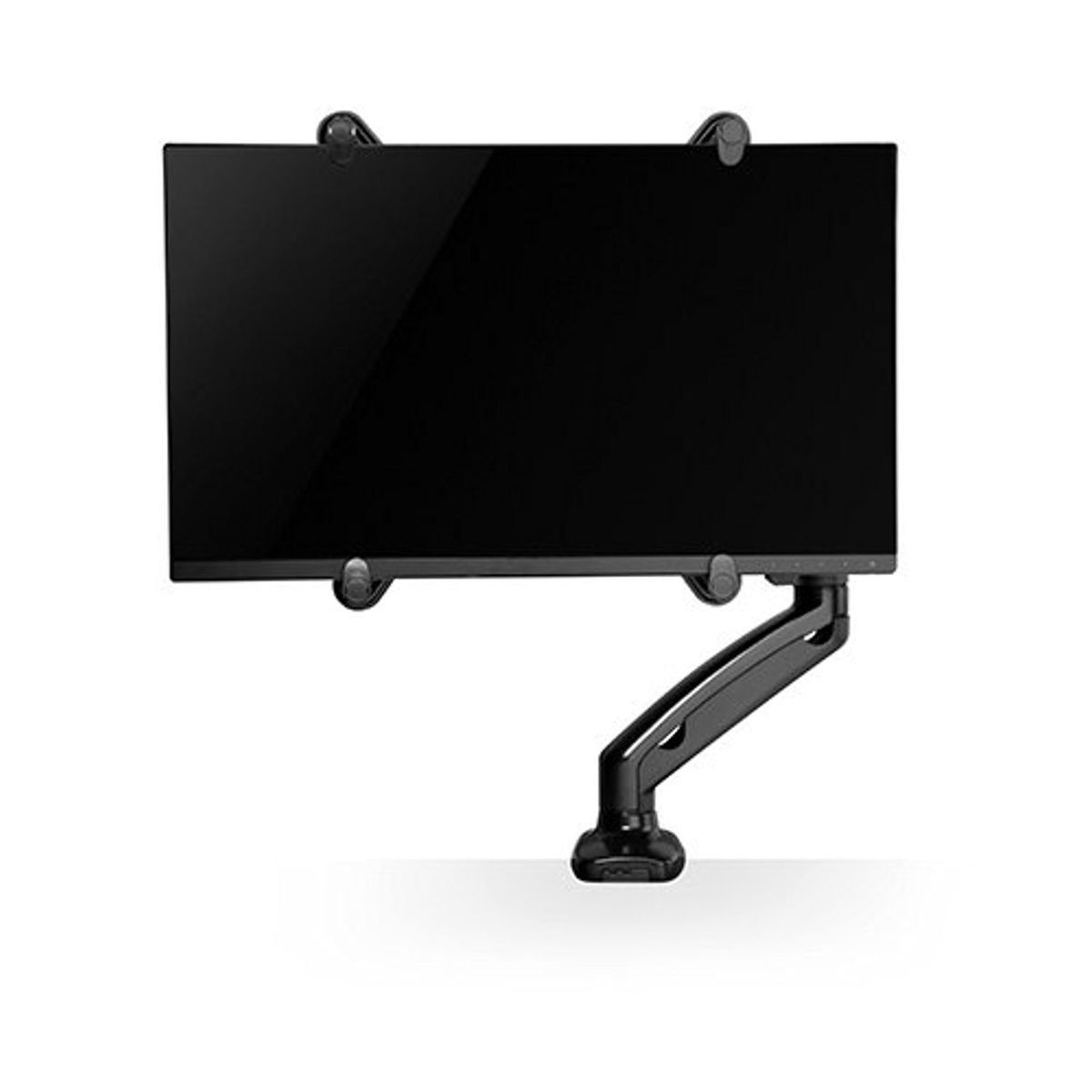 Monitor nero montato su un braccio nero.