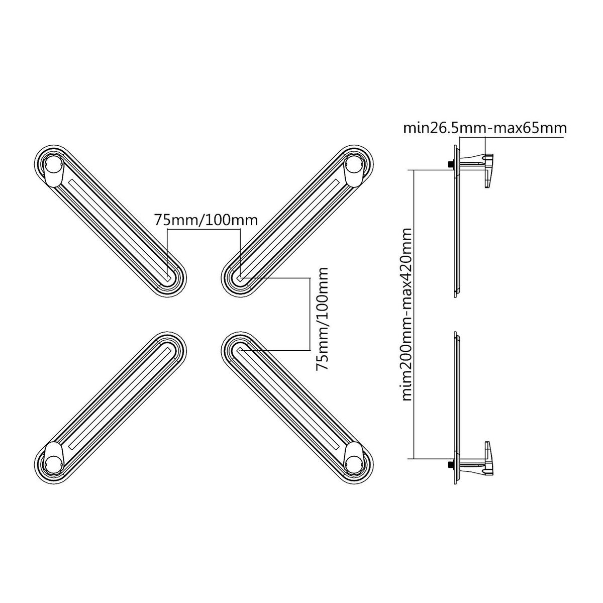Disegno tecnico: Quattro barre metalliche con dimensioni.