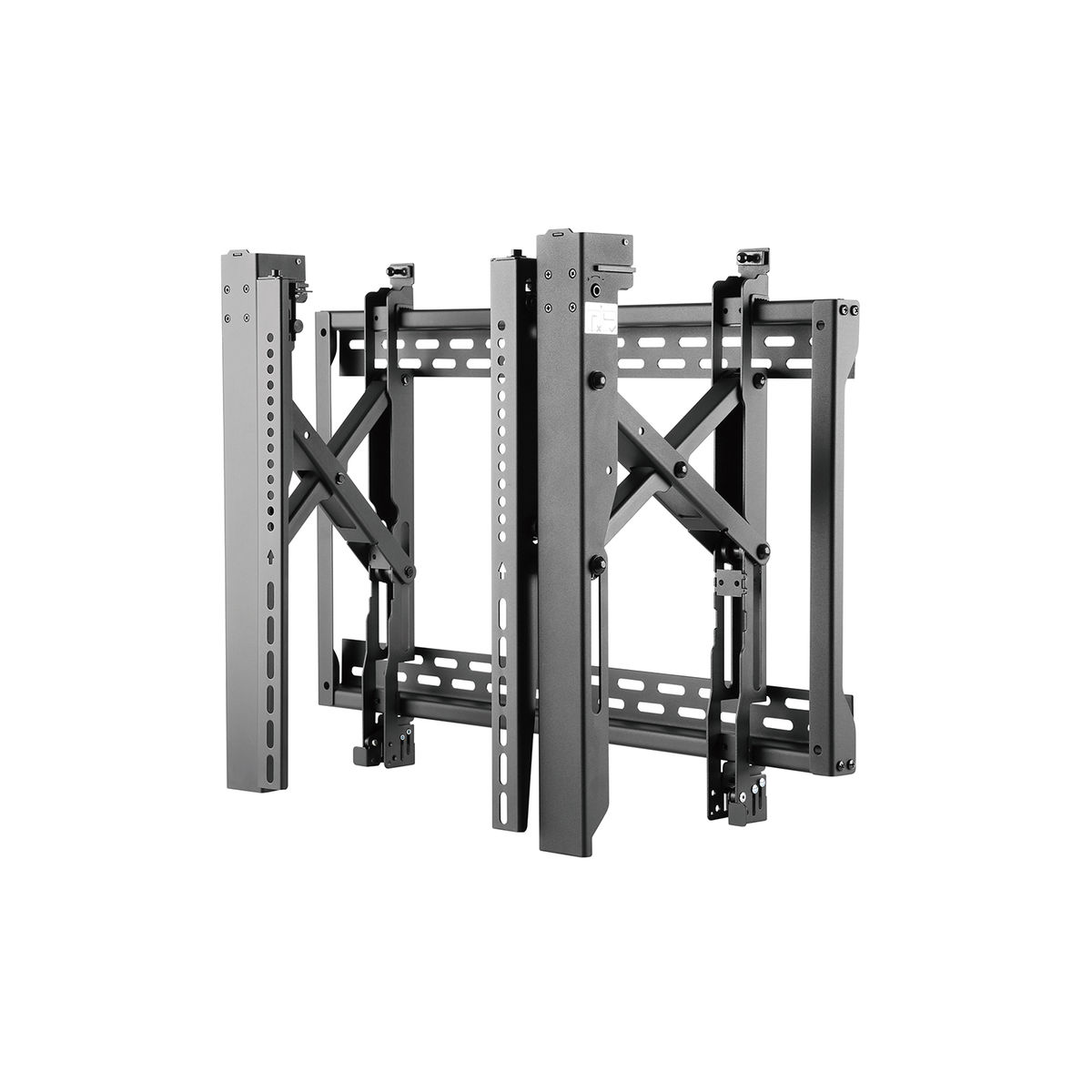 Een zwarte tv-muurbeugel, met meerdere montagepunten en een complex, metalen frame.