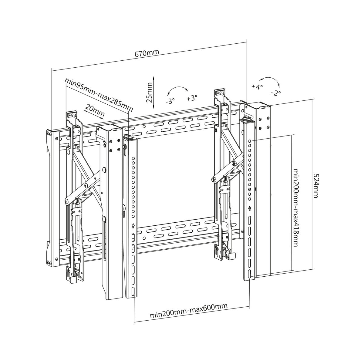 Een diagram van een tv-bevestiging met diverse afmetingen en metingen.