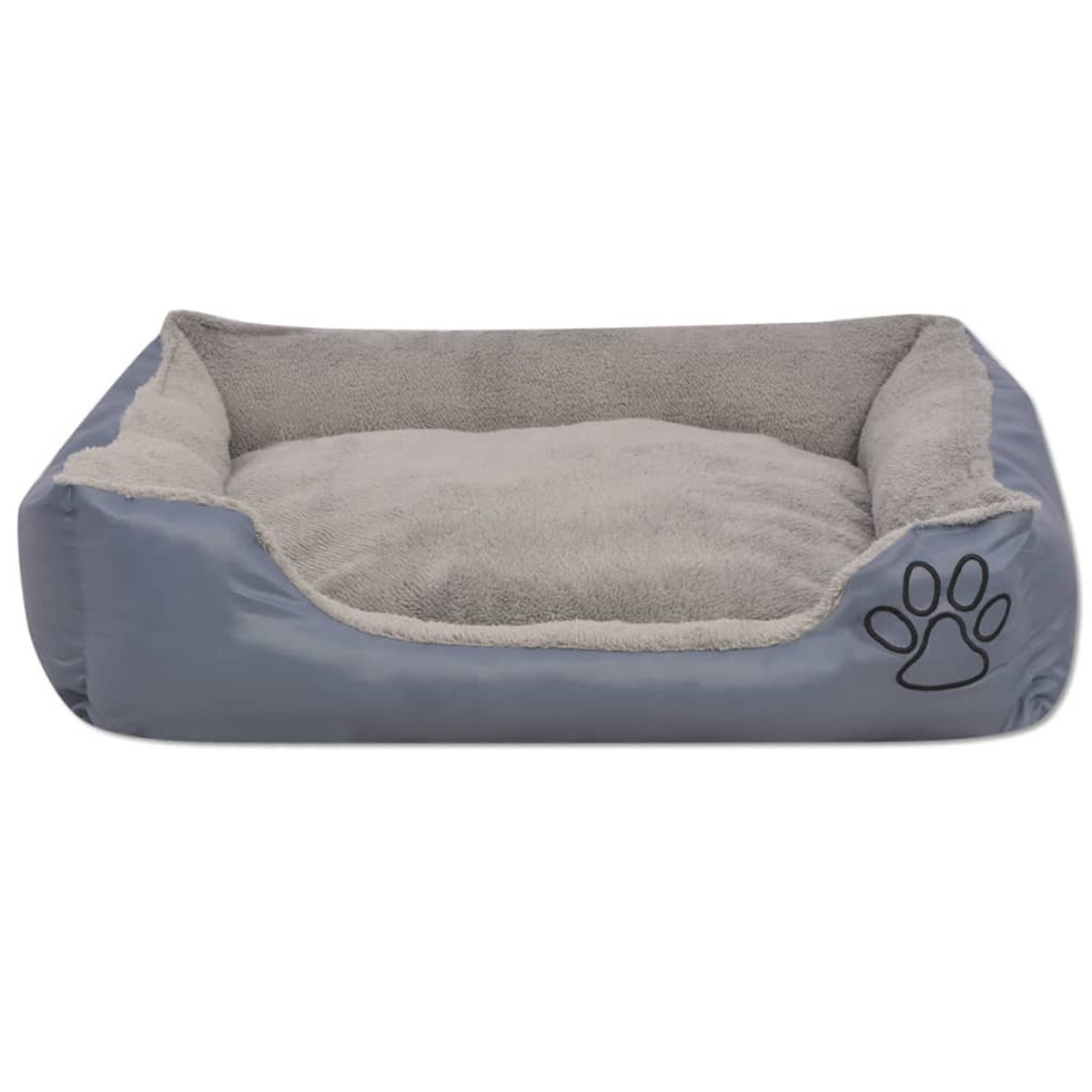 Ein graues Hundebett mit einem Pfotenabdruck. Die Innenseite des Bettes ist hellgrau. Der Hintergrund ist weiß.