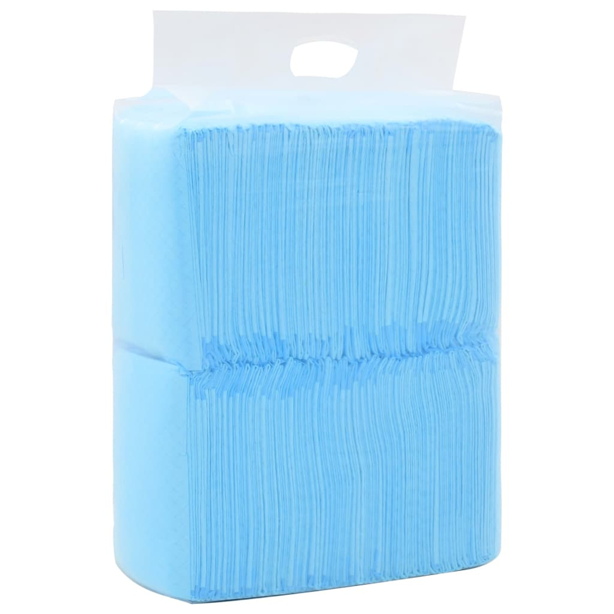 Ein Stapel blauer Papiertücher in einer transparenten Plastikverpackung. Die Tücher sind sauber gefaltet.