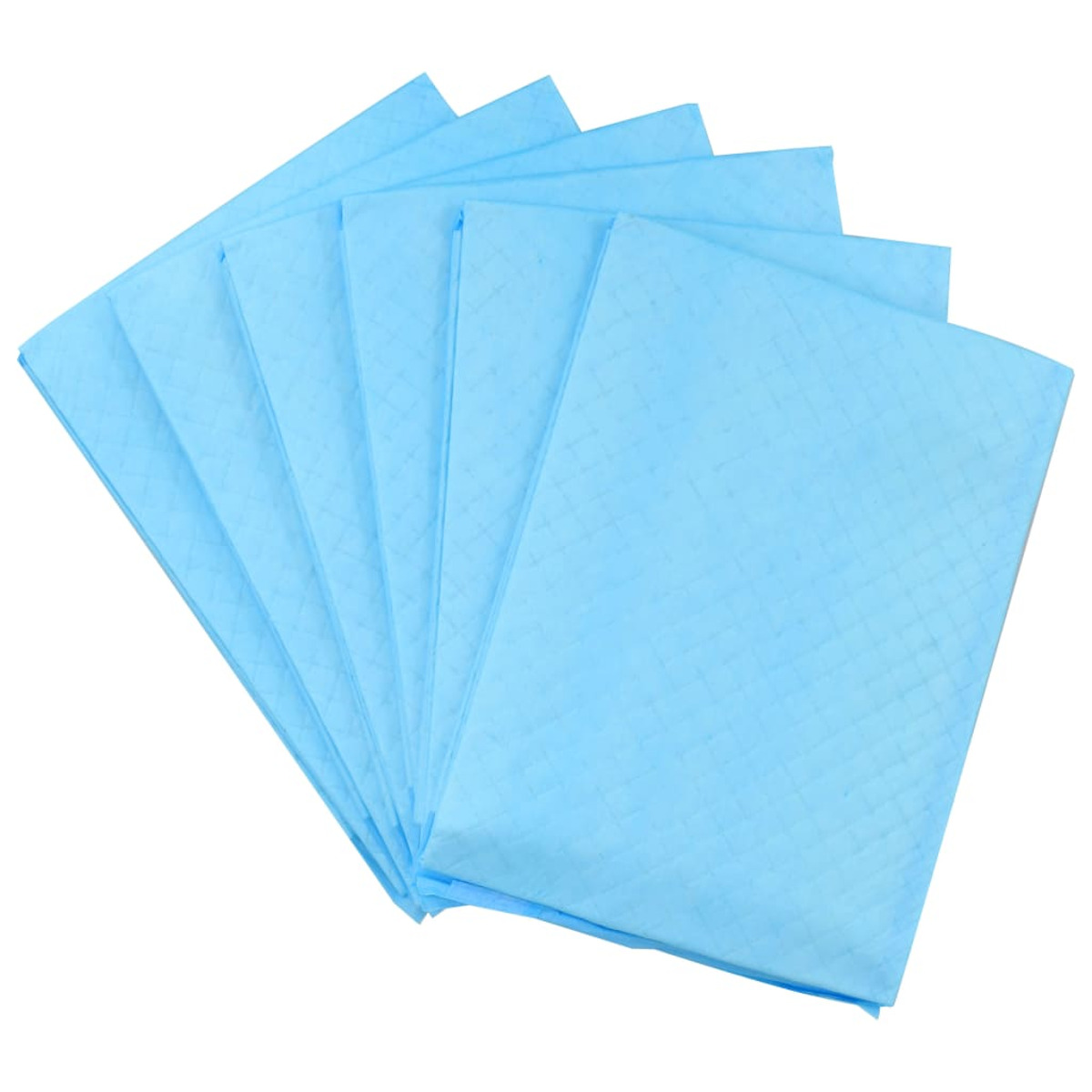 Hellblaue saugfähige Pads, auf einer weißen Oberfläche aufgefächert.