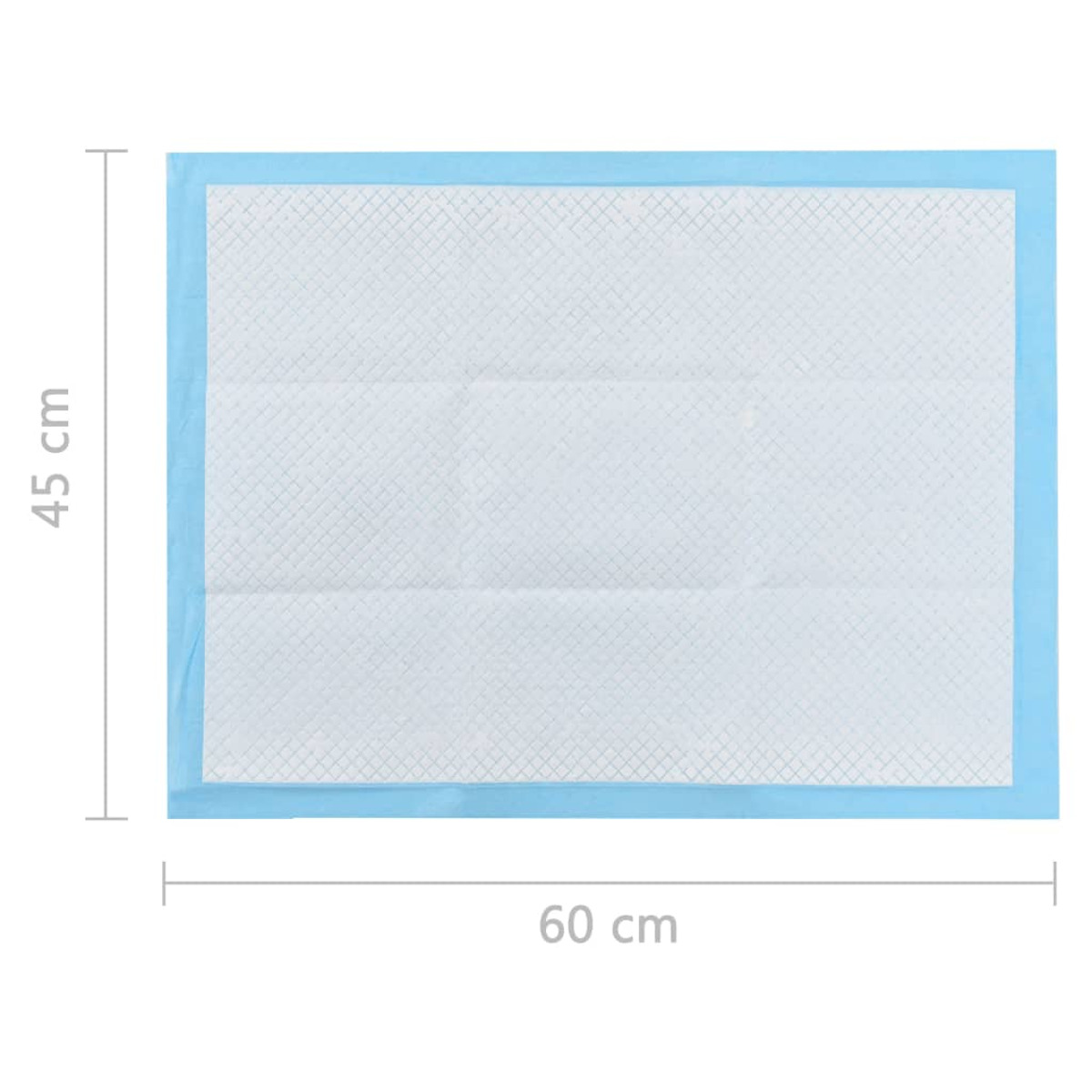 Blaue Welpen-Trainingspads mit den Maßen 45 cm x 60 cm. Weißer Hintergrund.