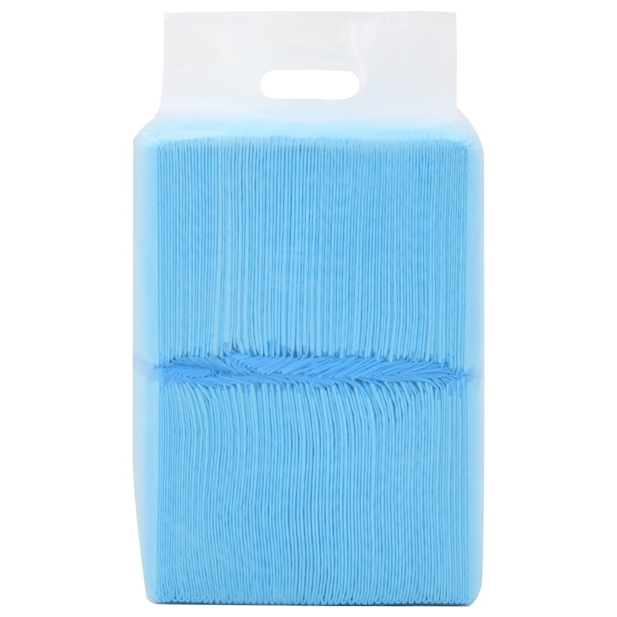 Ein Stapel blauer Papiertücher in einer durchsichtigen Plastiktüte. Die Tasche hat oben einen Griff.