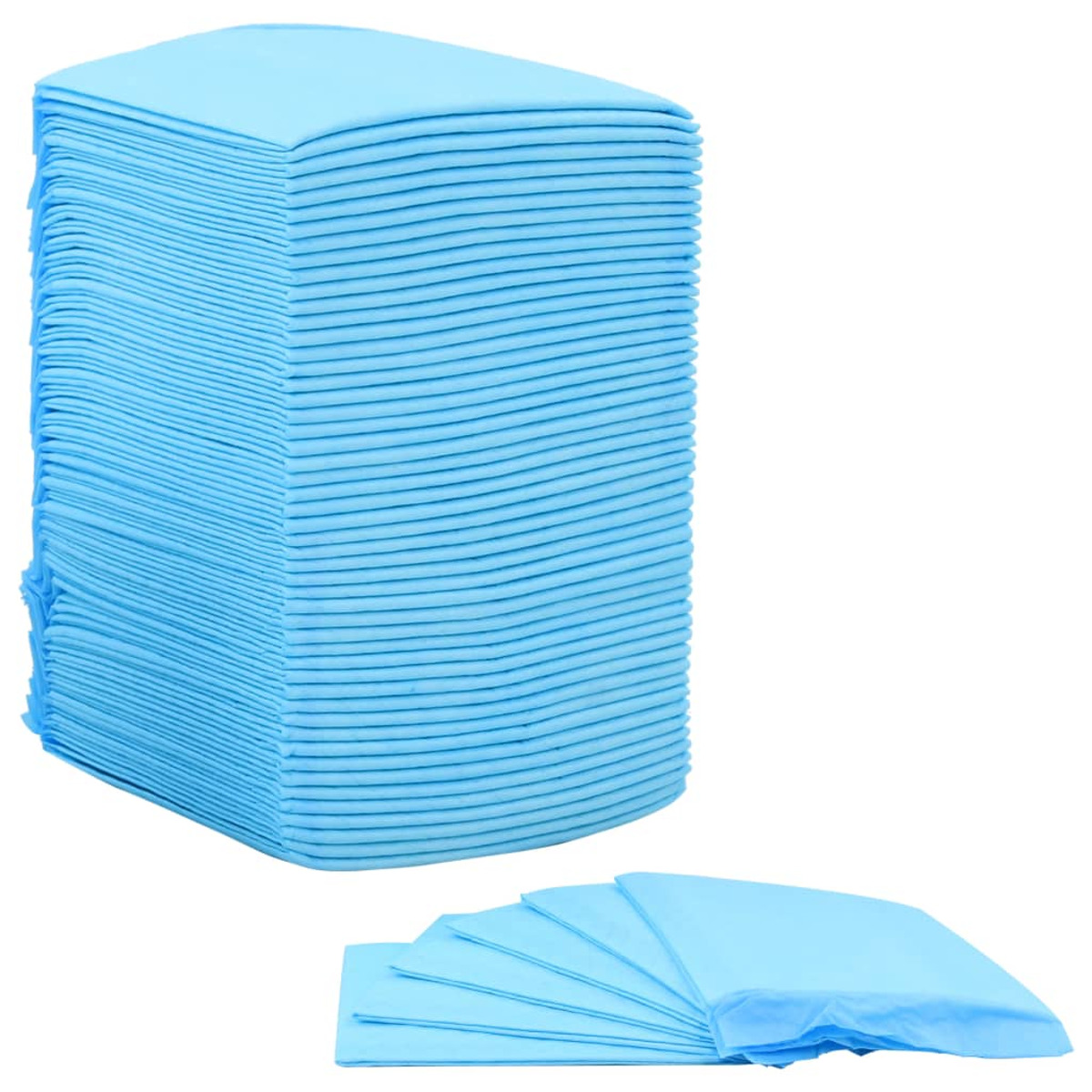 Ein Stapel vieler hellblauer saugfähiger Pads. Ein paar Pads sind neben dem Stapel ausgebreitet.