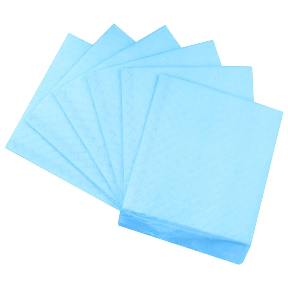 Ein fächerförmiger Stapel hellblauer saugfähiger Pads auf einer weißen Oberfläche.