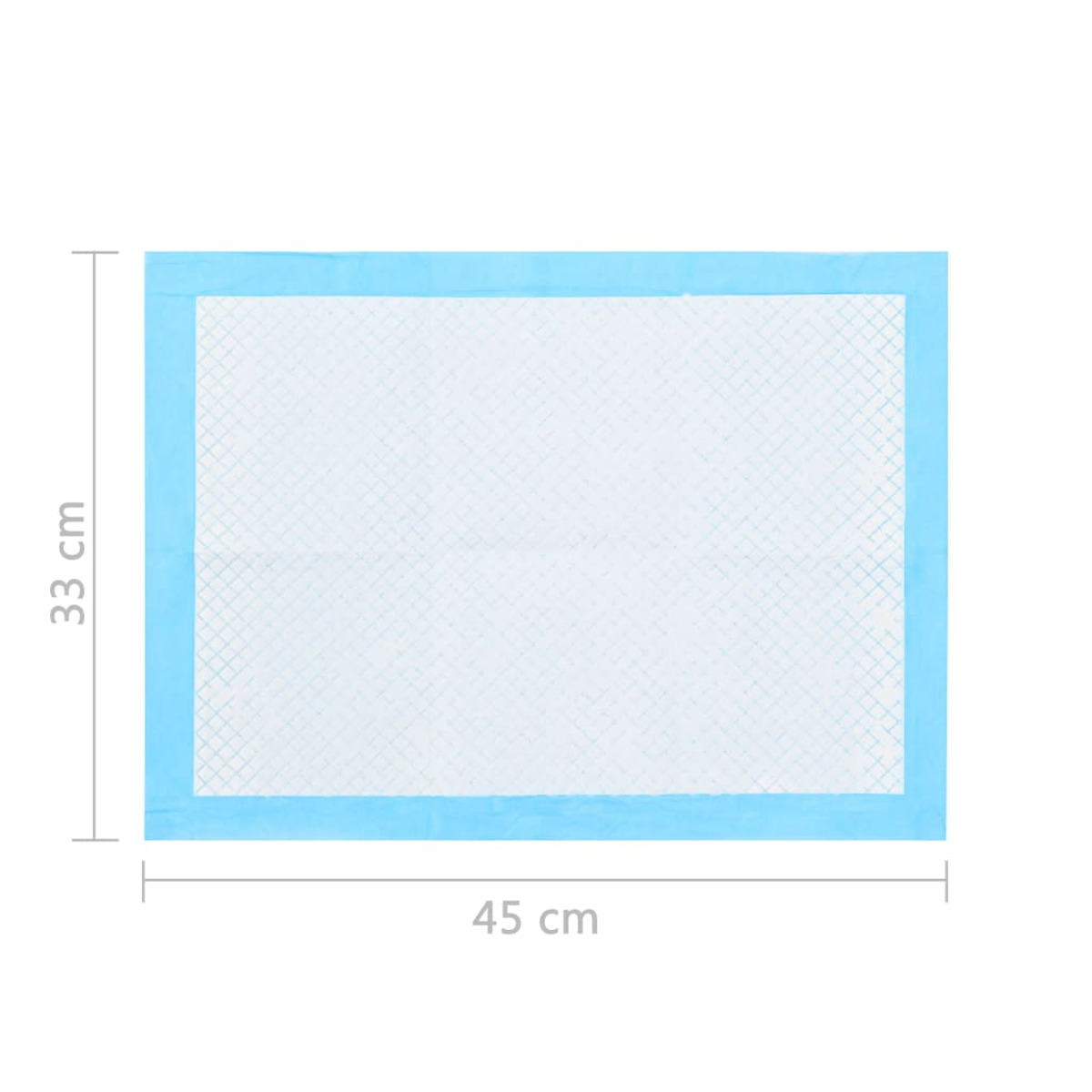 Blaues Haustiertrainingspad mit hellblauem Rand. Abmessungen sind 33 cm x 45 cm.