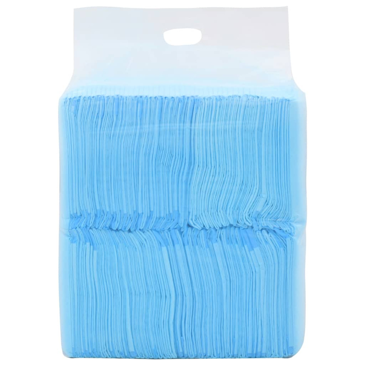 Ein Stapel blauer Papiertücher in einer durchsichtigen Plastiktüte mit Griffausschnitt. Weißer Hintergrund.