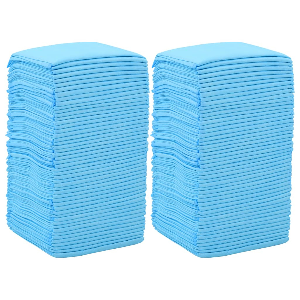Zwei Stapel hellblauer saugfähiger Pads. Jeder Stapel hat viele Schichten.