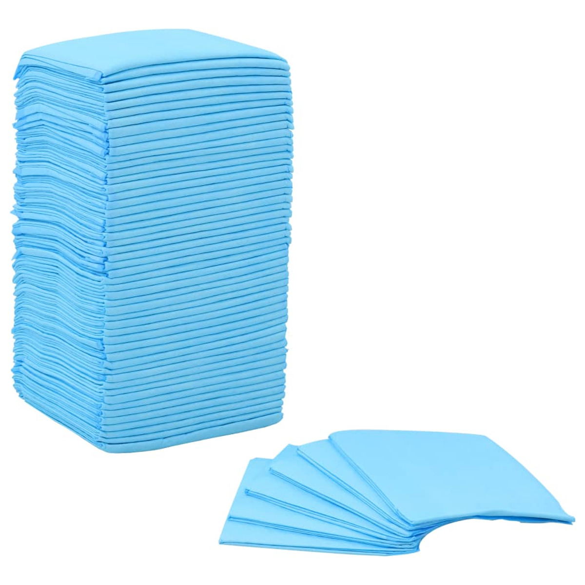 Ein Stapel blauer saugfähiger Pads und ein paar verstreut. Sie haben eine rechteckige Form.