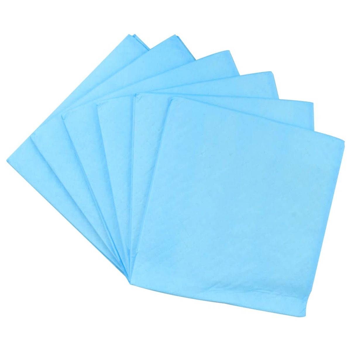 Ein Fächer aus sechs hellblauen saugfähigen Pads, auf weißem Grund.