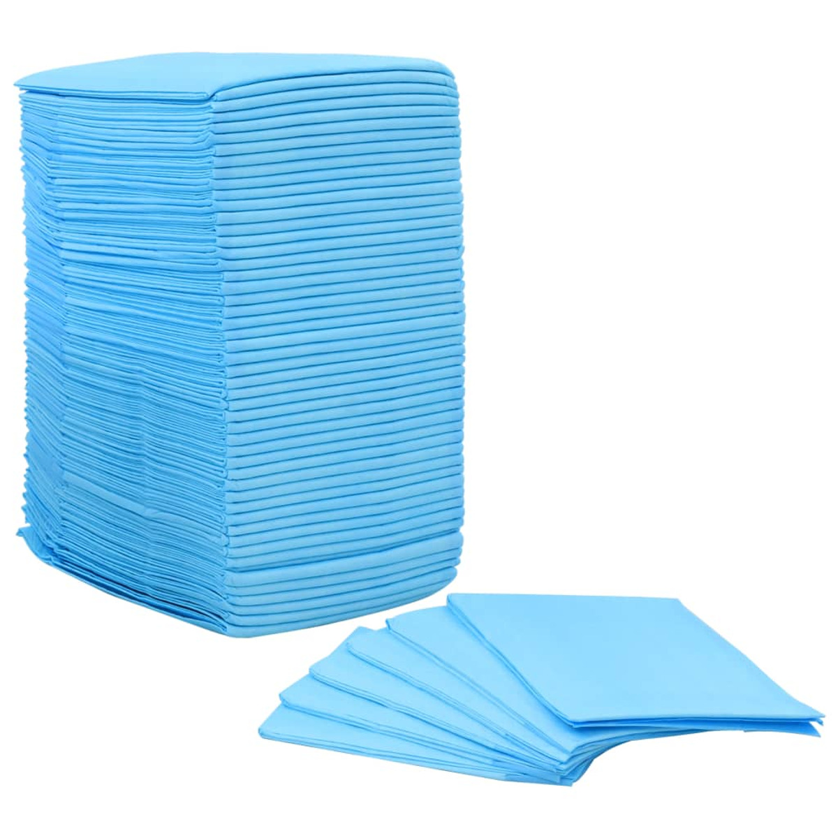 Ein Stapel hellblauer saugfähiger Pads, mit ein paar verstreuten, vor weißem Hintergrund.