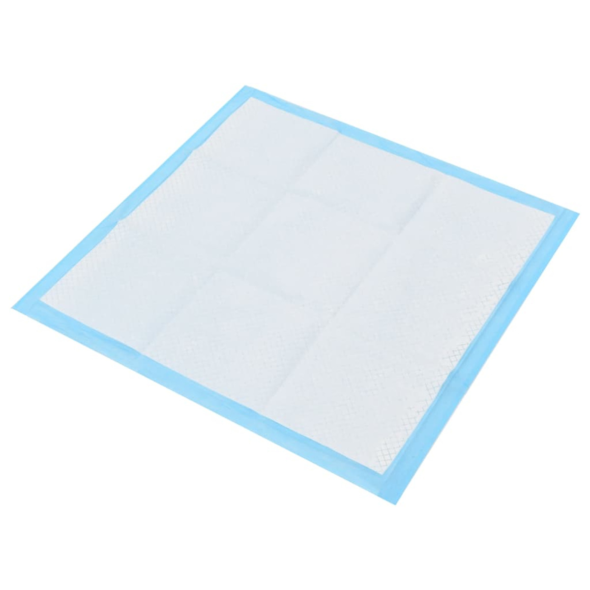 Ein quadratisches, blau umrandetes, weißes Einweg-Saugpad.
