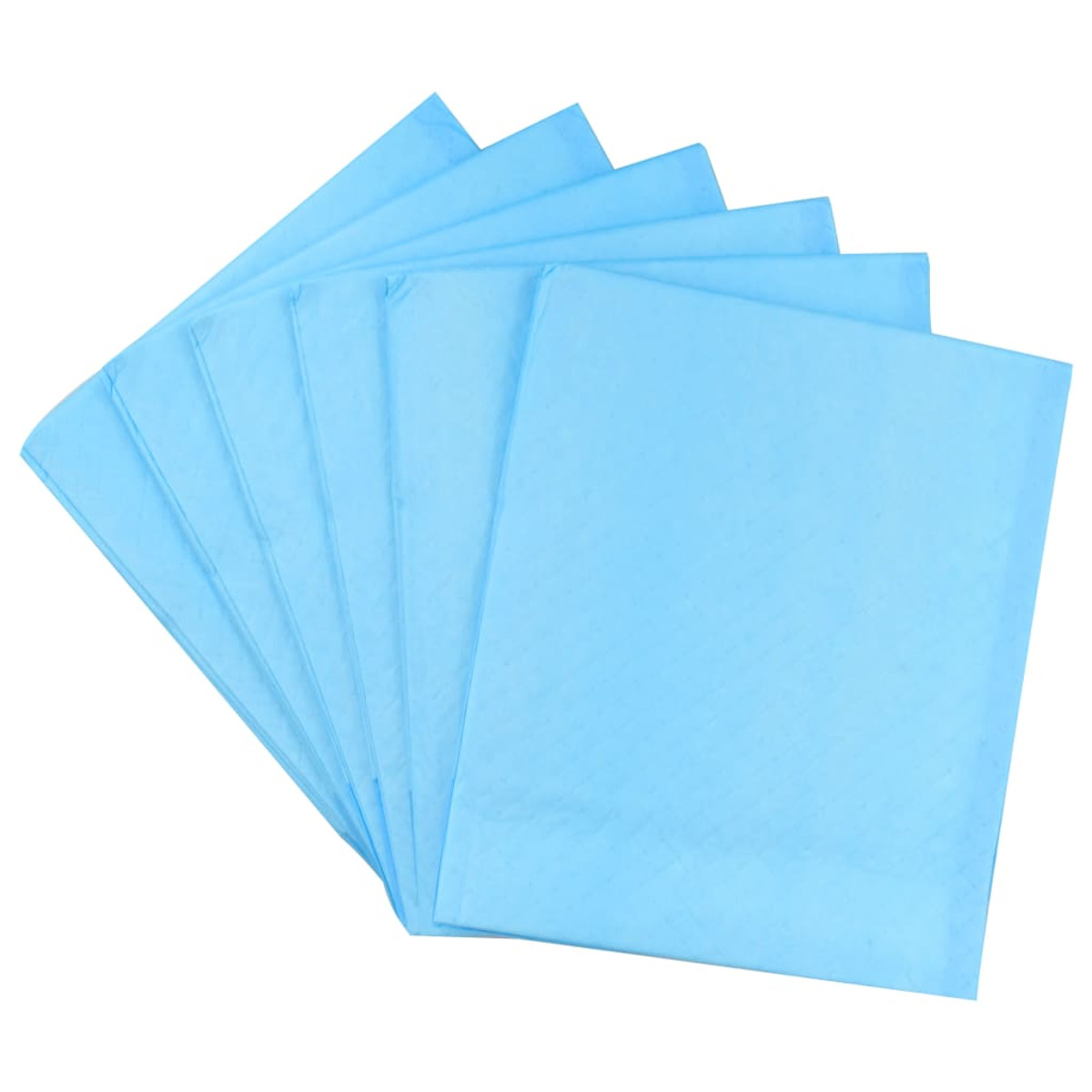 Ein Fächer aus sechs hellblauen saugfähigen Pads, auf weißem Grund.