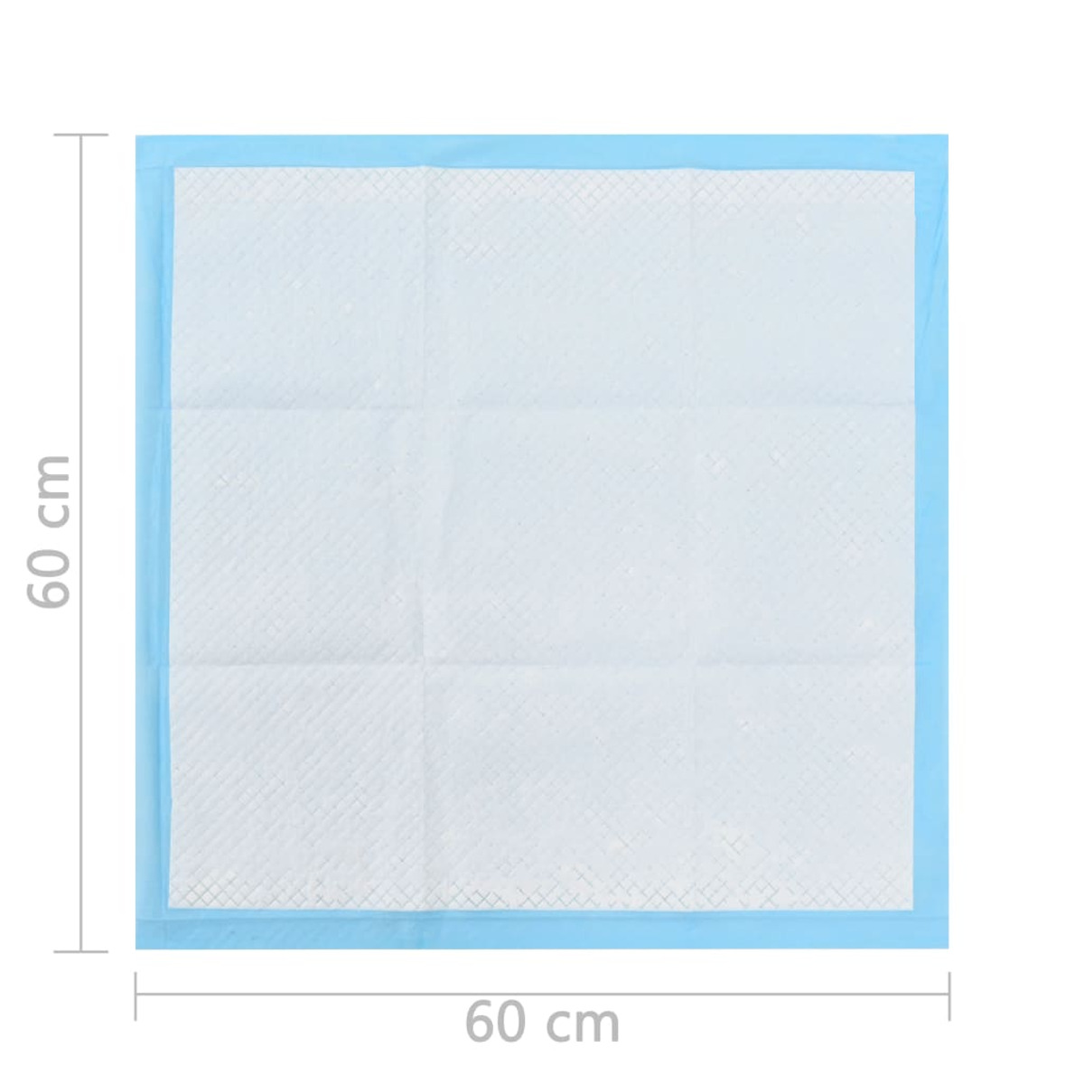 Weiße Einweg-Haustier-Pee-Pad. Blaue Ränder. Abmessungen: 60x60 cm. Saubere, weiße Oberfläche.