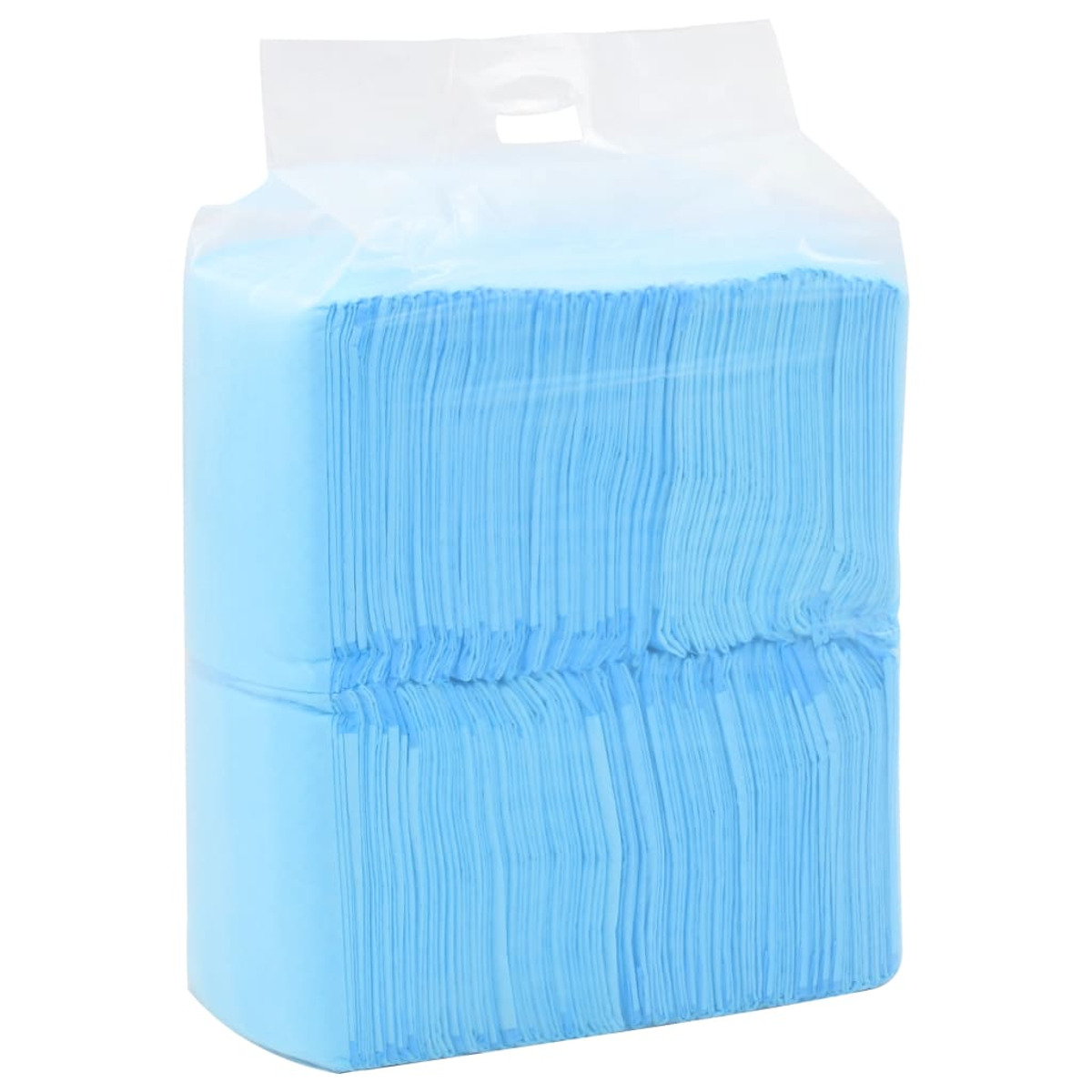 Ein Stapel blauer Papiertücher in einer durchsichtigen Plastiktüte.