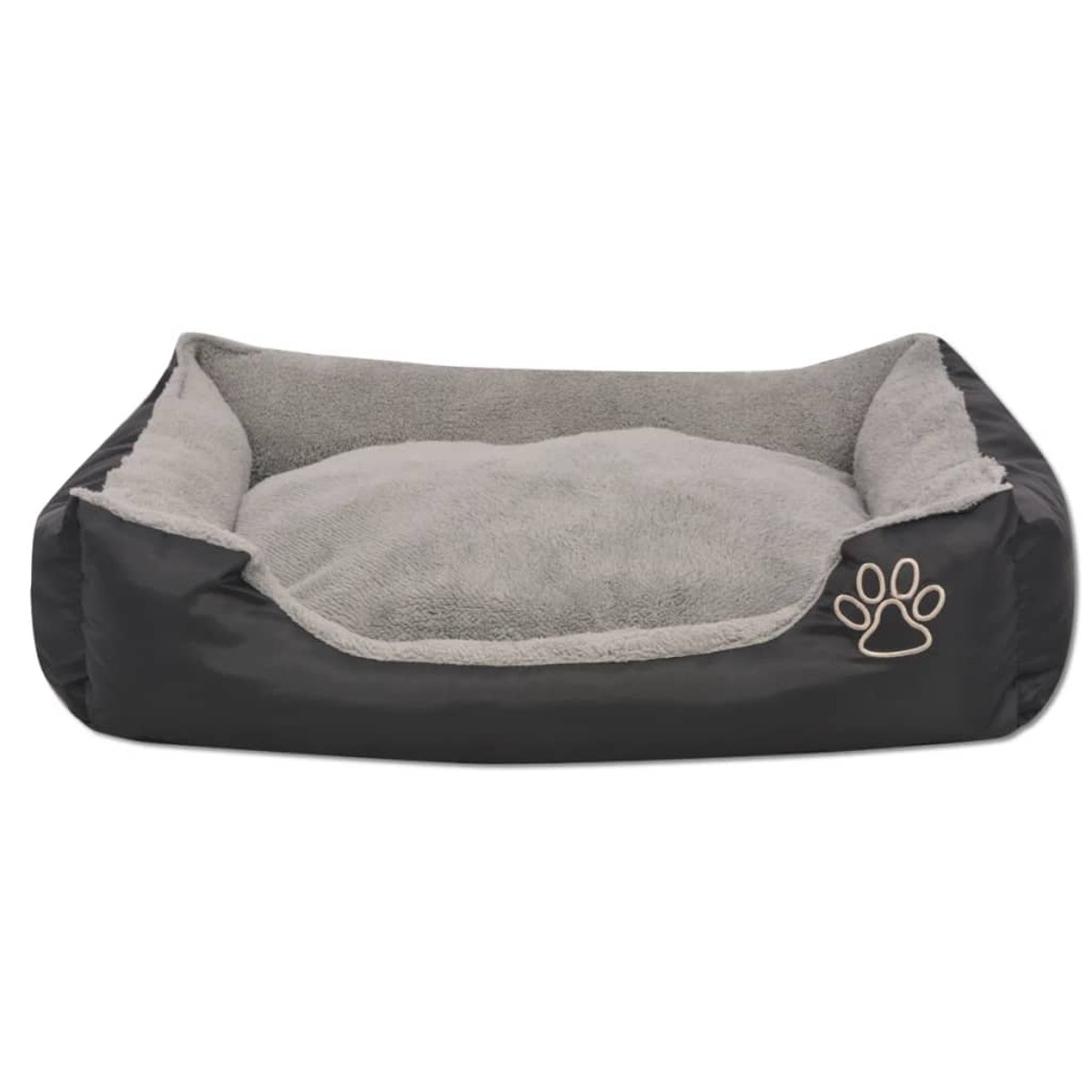 Ein schwarzes Hundebett mit grauem Innenraum und einem Pfotenabdruck auf weißem Hintergrund.