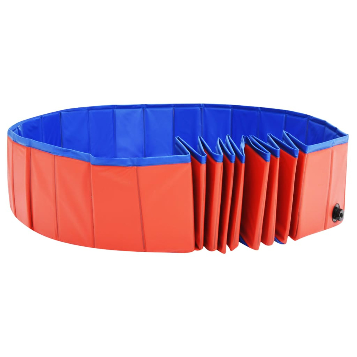 Faltbarer Hunde-Pool in Rot und Blau. Ovale Form. Blaues Innere, rotes Äußere, schwarzer Ablauf.
