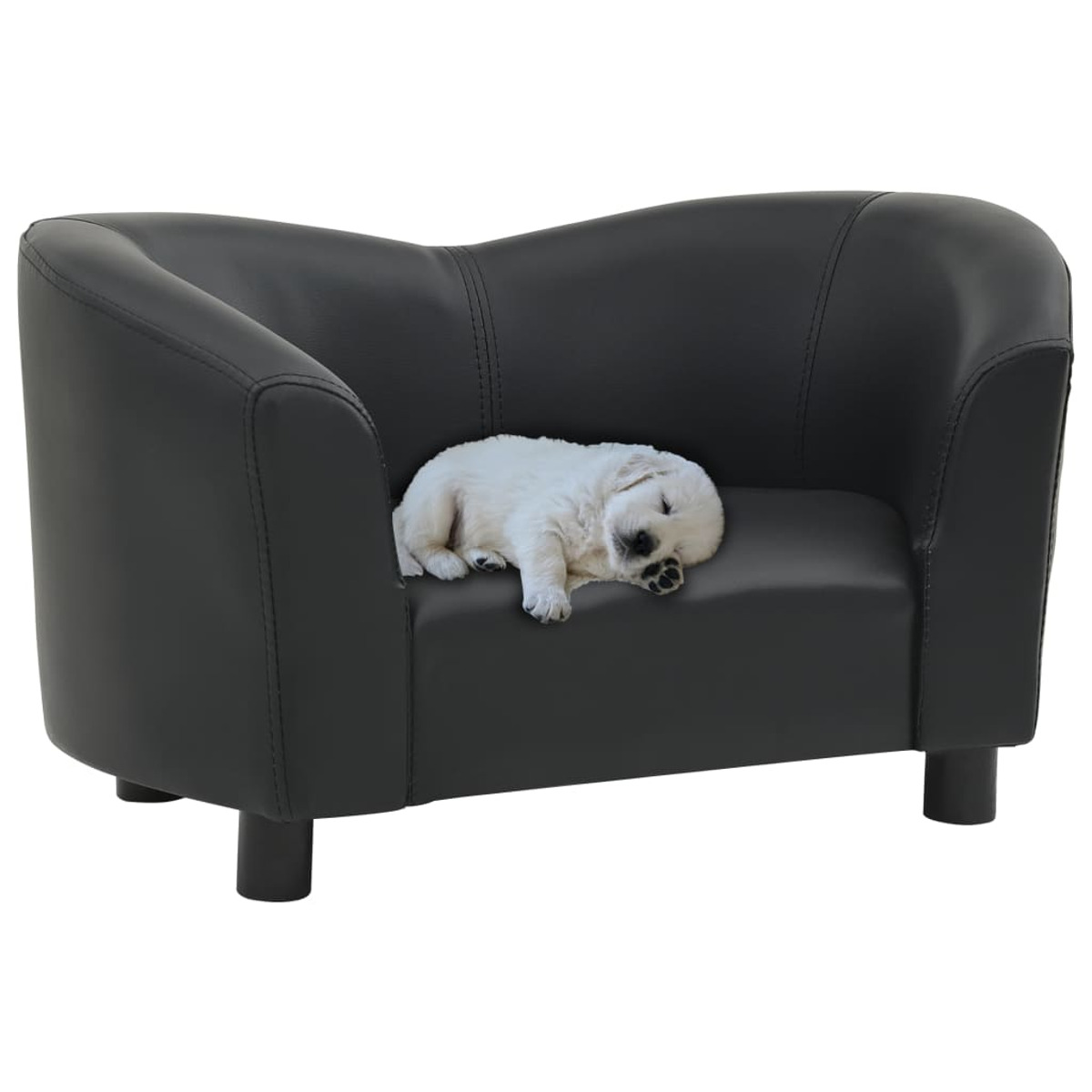 Ein kleines schwarzes Sofa. Ein weißer Welpe schläft auf dem Sofa.