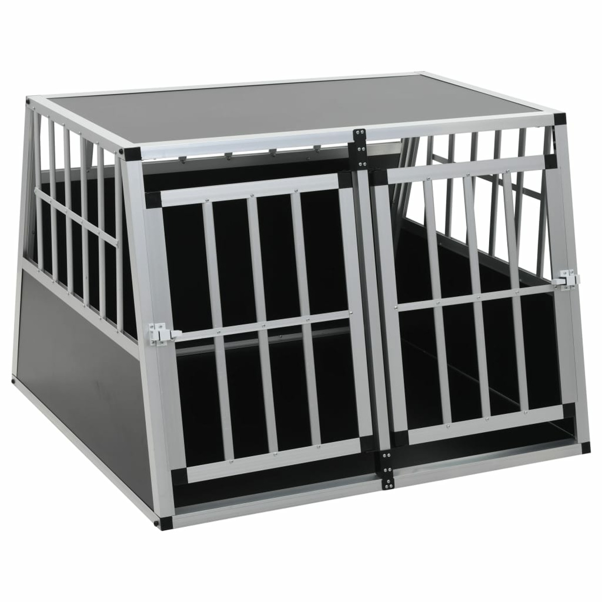 Eine schwarze und silberne Hundebox mit offener Tür. Es ist aus Metall gefertigt.