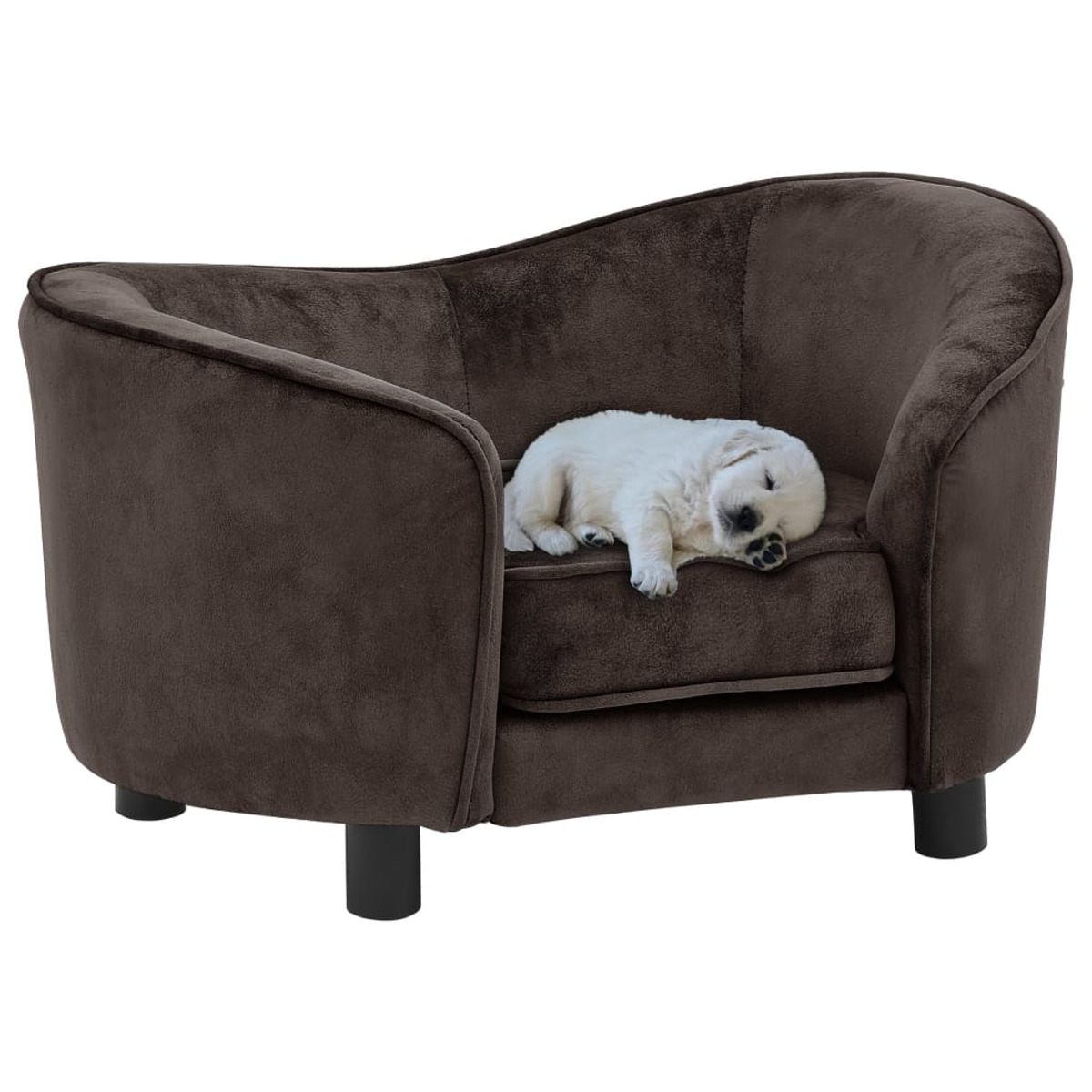 Ein weißer Welpe schläft auf einem braunen Samt-Hundebett mit schwarzen Beinen.
