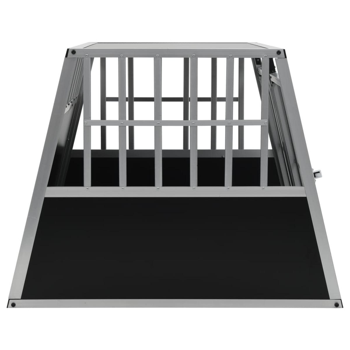 Metall-Haustierreisebox mit vertikalen Stäben und schwarzer Basis. Schräge Oberseite und Tür.