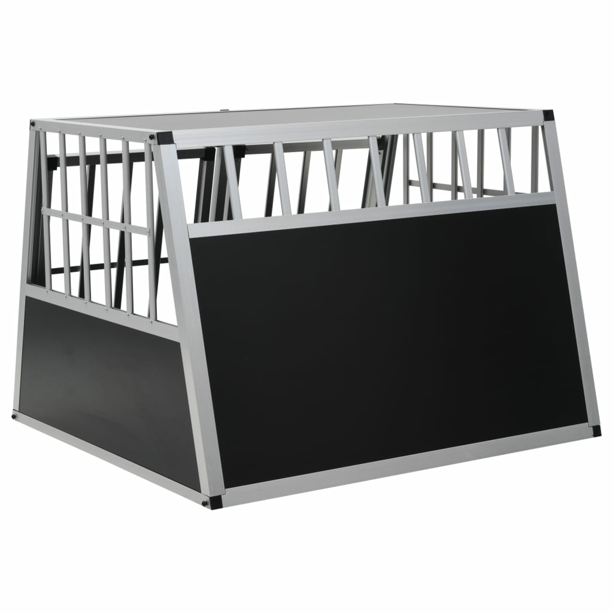 Eine schwarze und silberne Metall-Hundebox mit Stangen oben und an einer Seite.