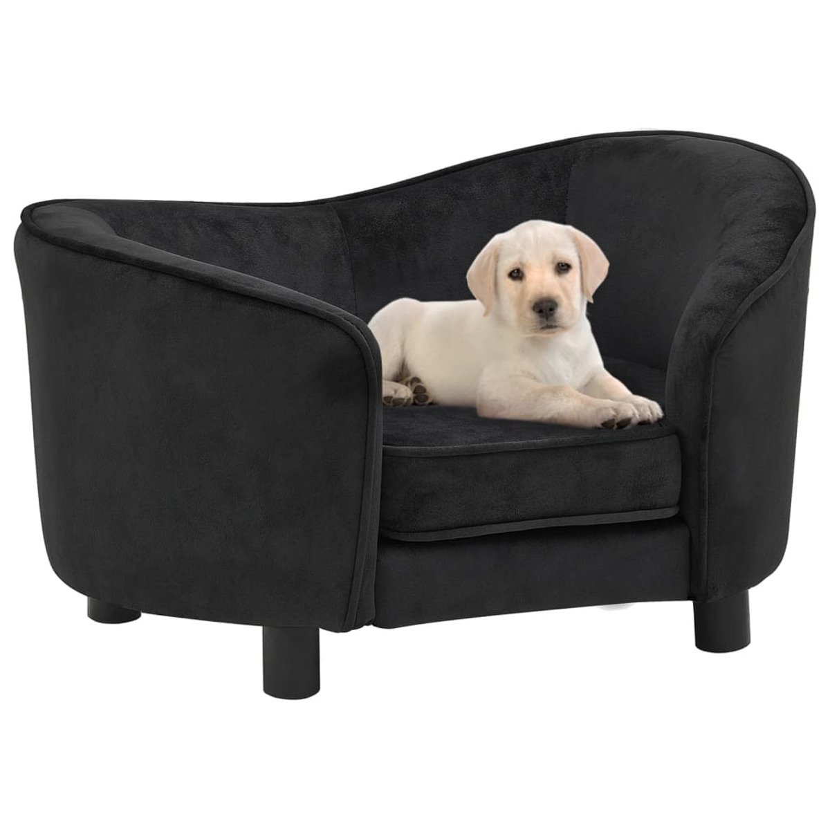 Ein schwarzes Hundebett mit einem weißen Welpen darin.