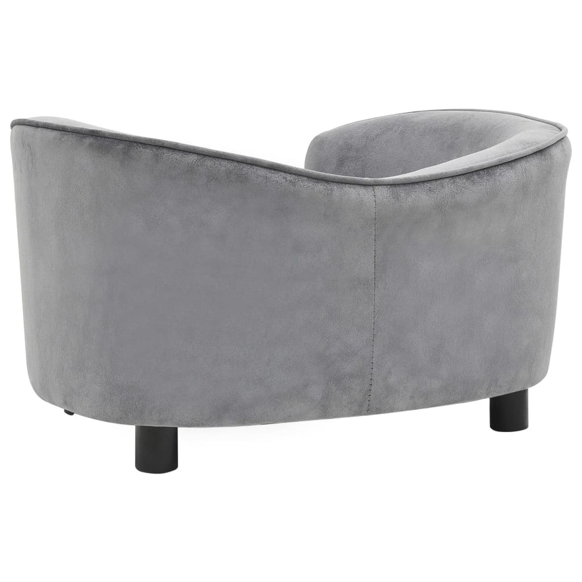 Ein graues Samtsofa mit schwarzen Beinen, von hinten gesehen, vor weißem Hintergrund.